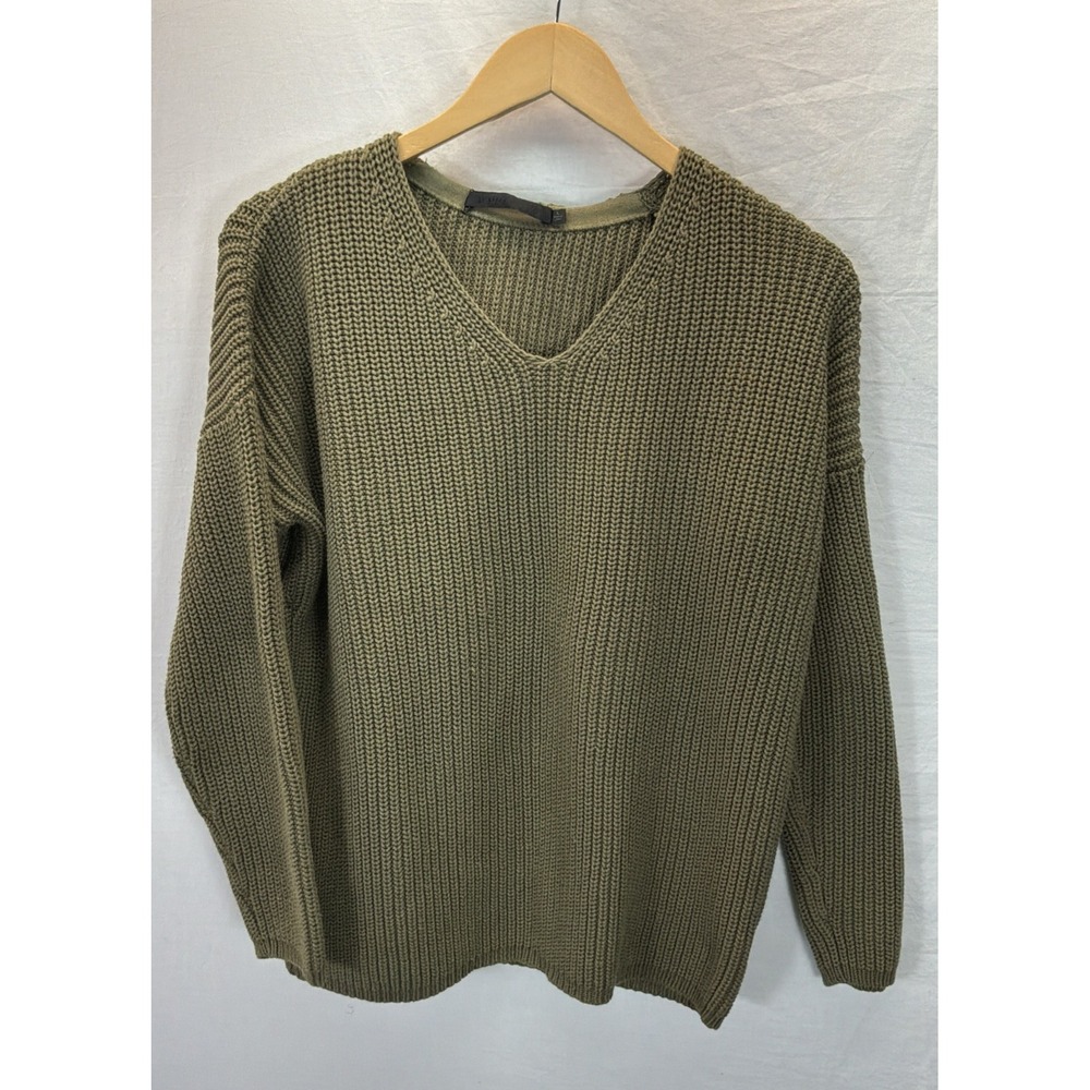 Jenni Kayne Fisherman Organic Cotton Blend ribbed Sweater Olive Green LG boxy